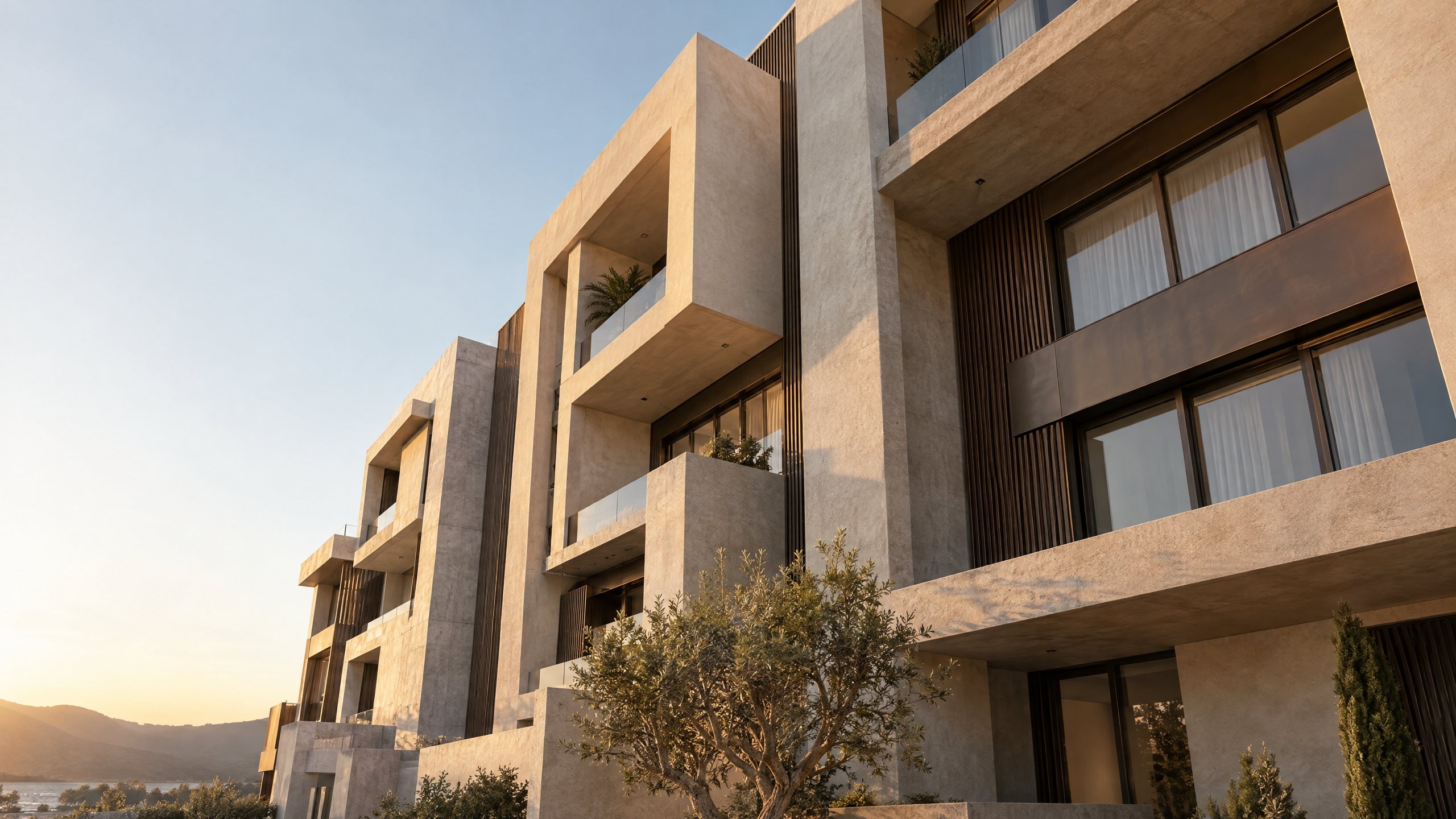 Architecture contemporaine aux façades minérales et aux lignes épurées, visuel d’ambiance